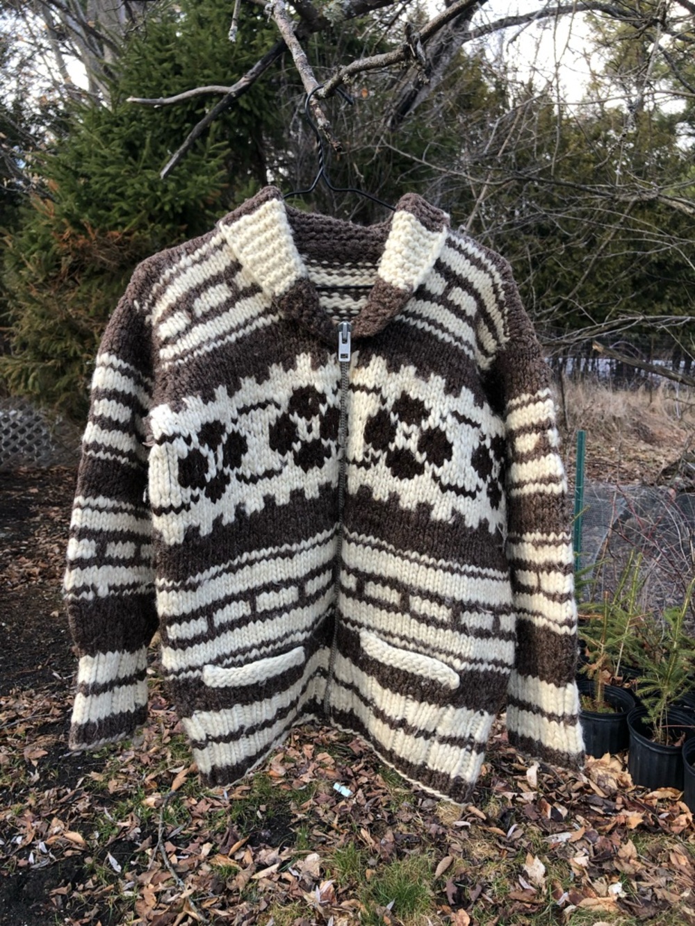 Handmade Chunky Zip-Front Cowichan-Style Sweater in Cream & Brown - Picture 2 of 11